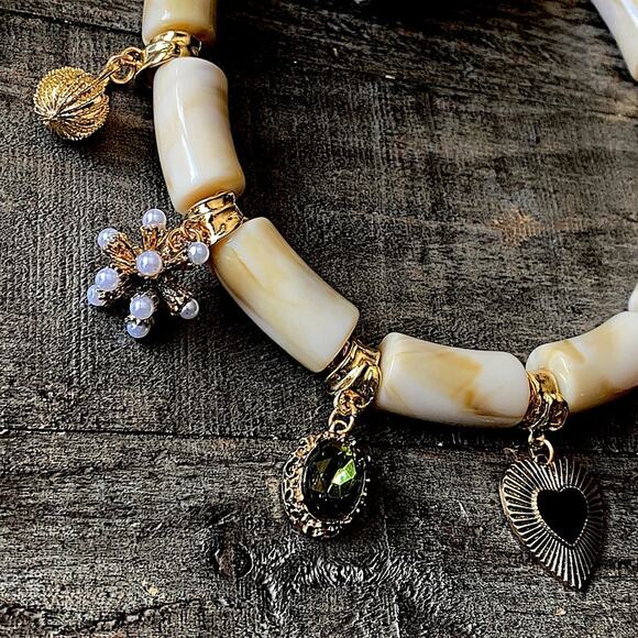 NEW Gold & Cream Beaded Statement Necklace - Picture 3 of 8